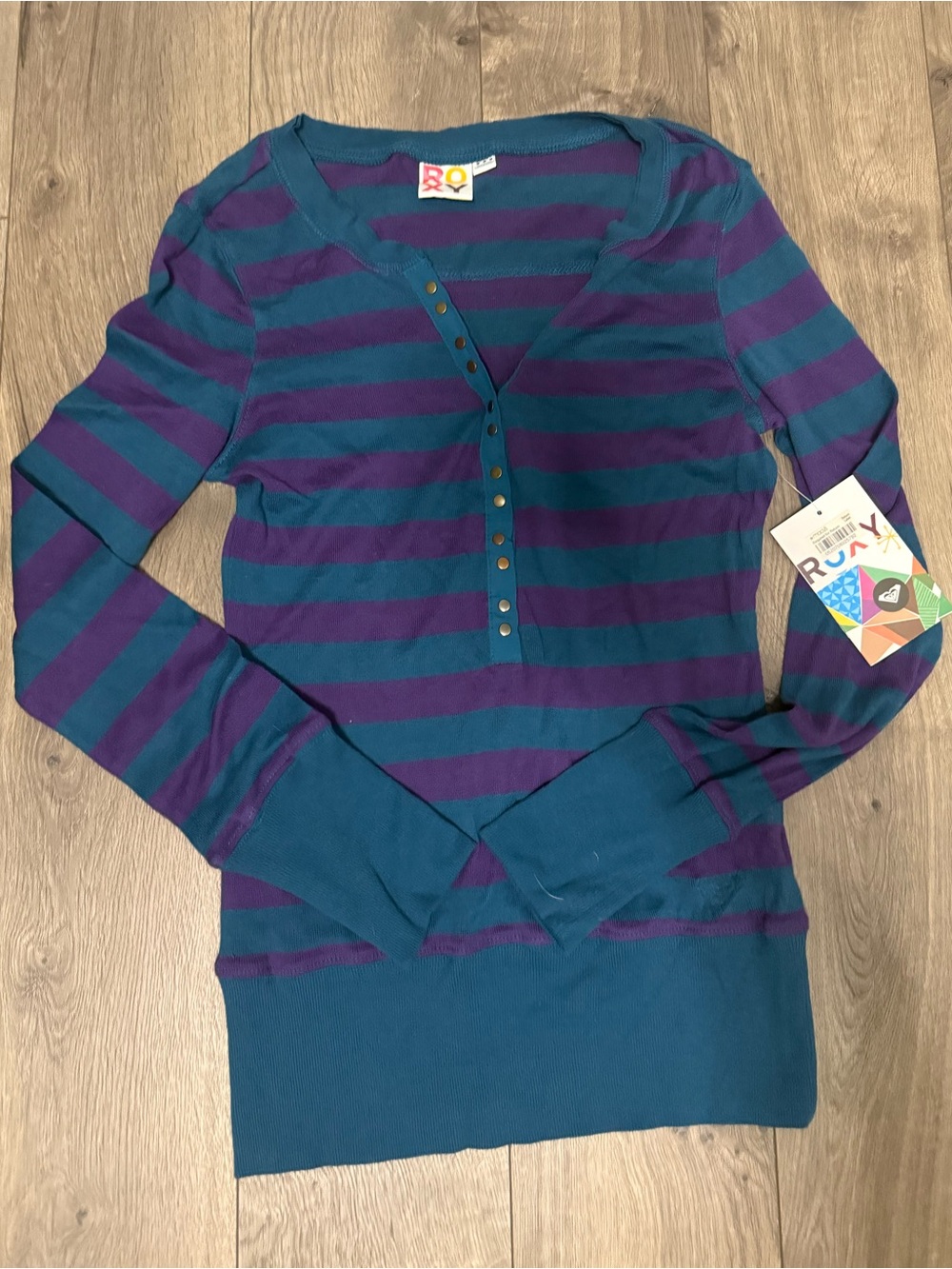 Roxy Teal and Purple Striped Long Sleeve Henley Top - Picture 3 of 12